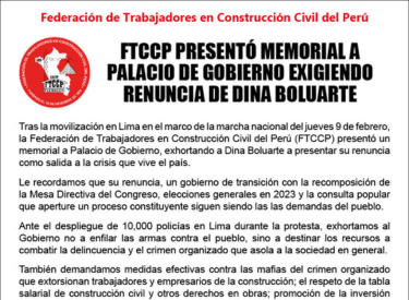 FTCCP Presentó memorial a Palacio de Gobierno exigiendo la renuncia de Dina Boluarte 